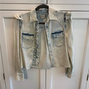 Denim Ruffle Button-Up Shirt by Alice and Olivia Jeans
